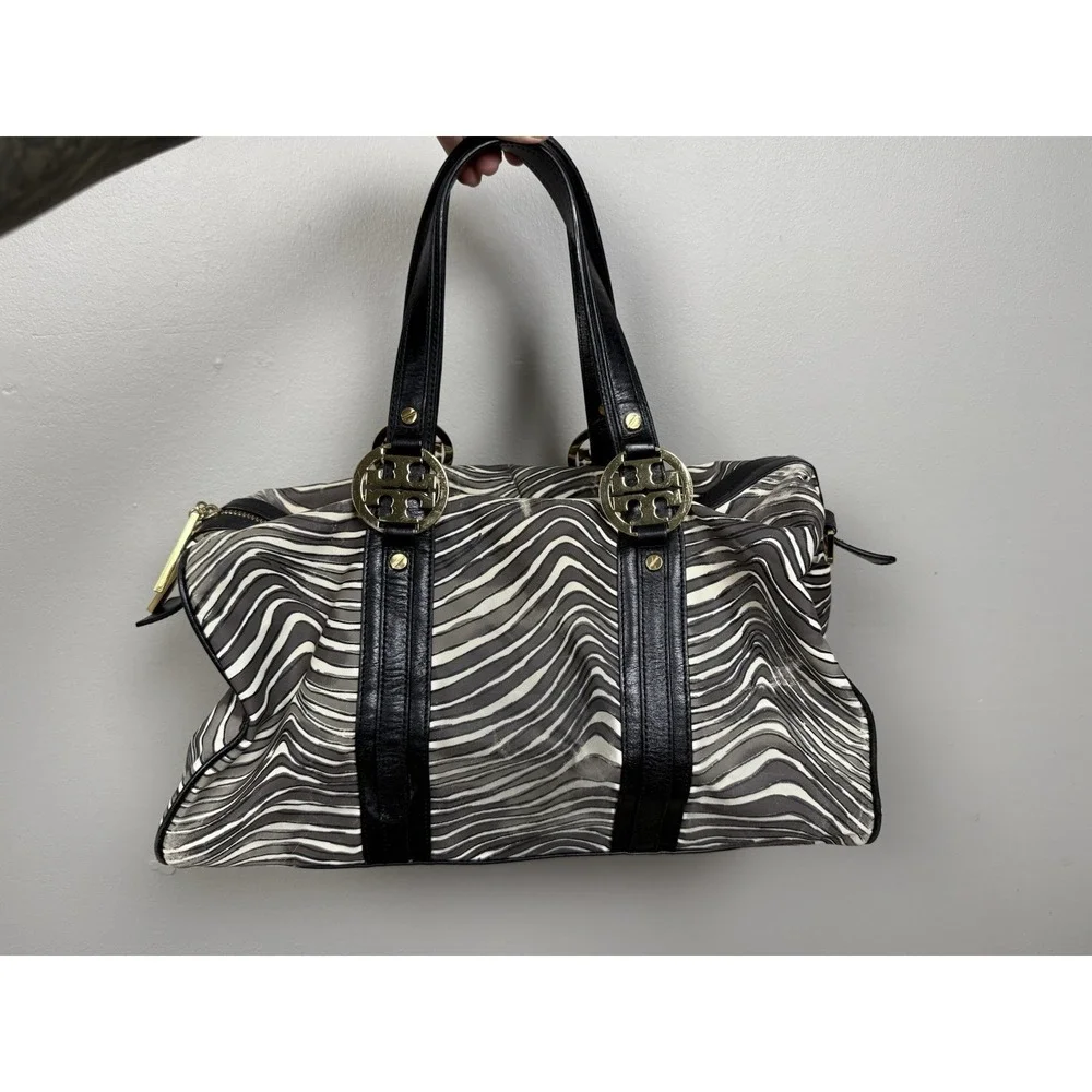 Tory Burch‎ Zebra Stripe Satchel Shoulder Bag Leather Trim Gold Logo Y2K Style